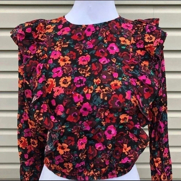 Wild Fable Women's Size Small Black Floral Ruffle Blouse Long Sleeve Cottagecore - Picture 6 of 8